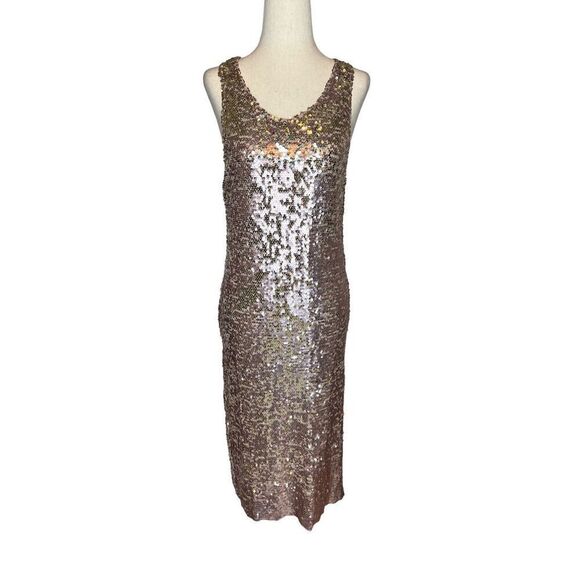 Kosiuko dress women’s size Small sleeveless racer back pink sequin midi bodycon - Picture 1 of 11